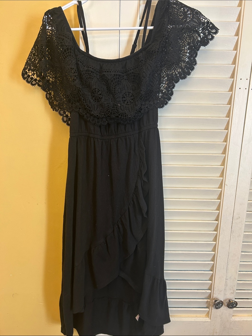 No Boundaries Black Crochet Ruffle Midi Dress